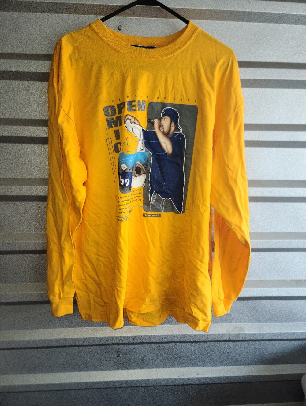 Yellow Graphic Long Sleeve Tee with Retro Open Mic Design